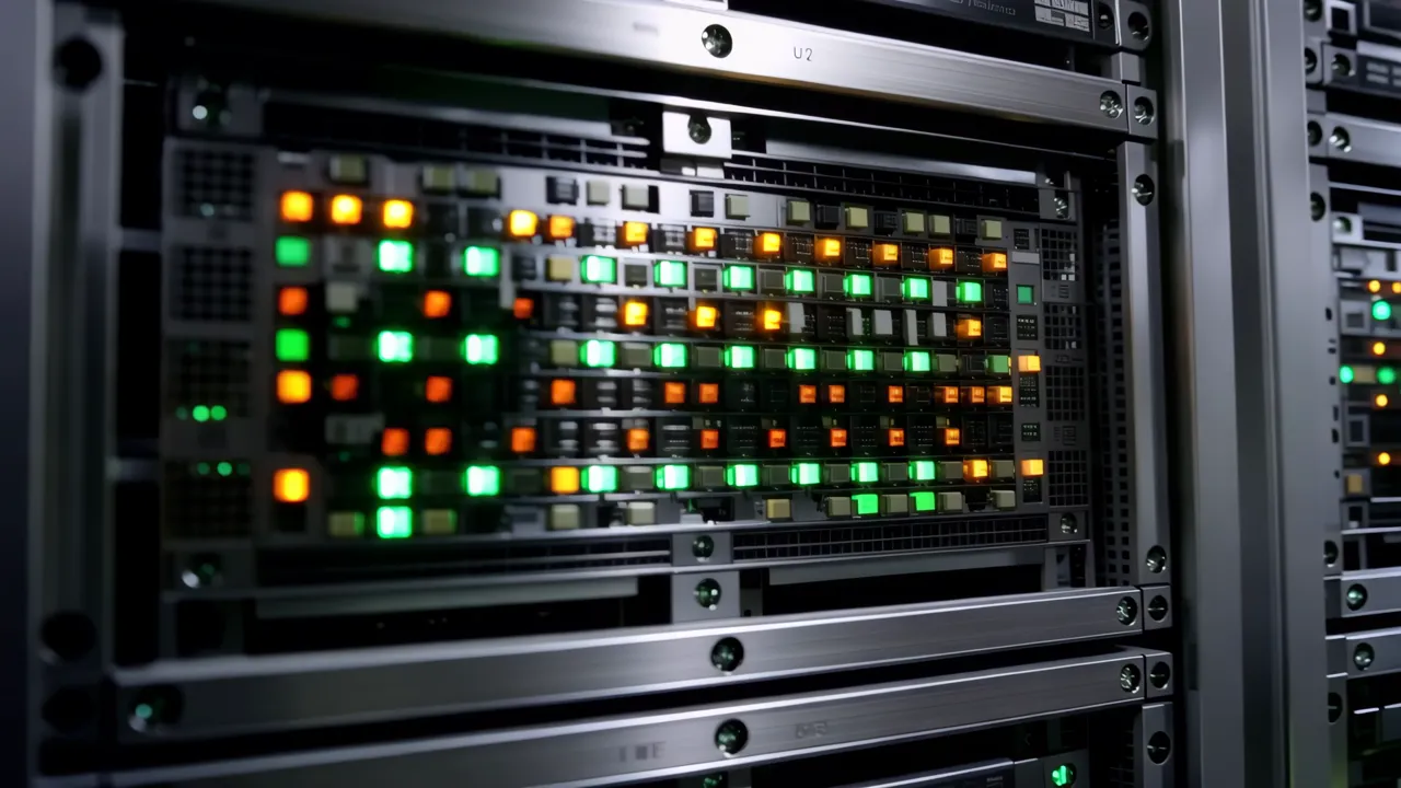Wide shot of a large data center with rows of servers