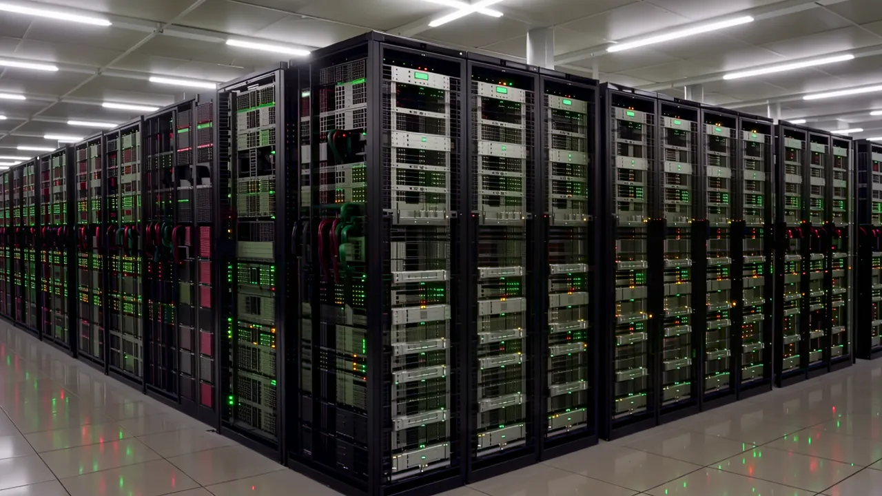 Wide Shot of Data Center Floor with Equipment Rows