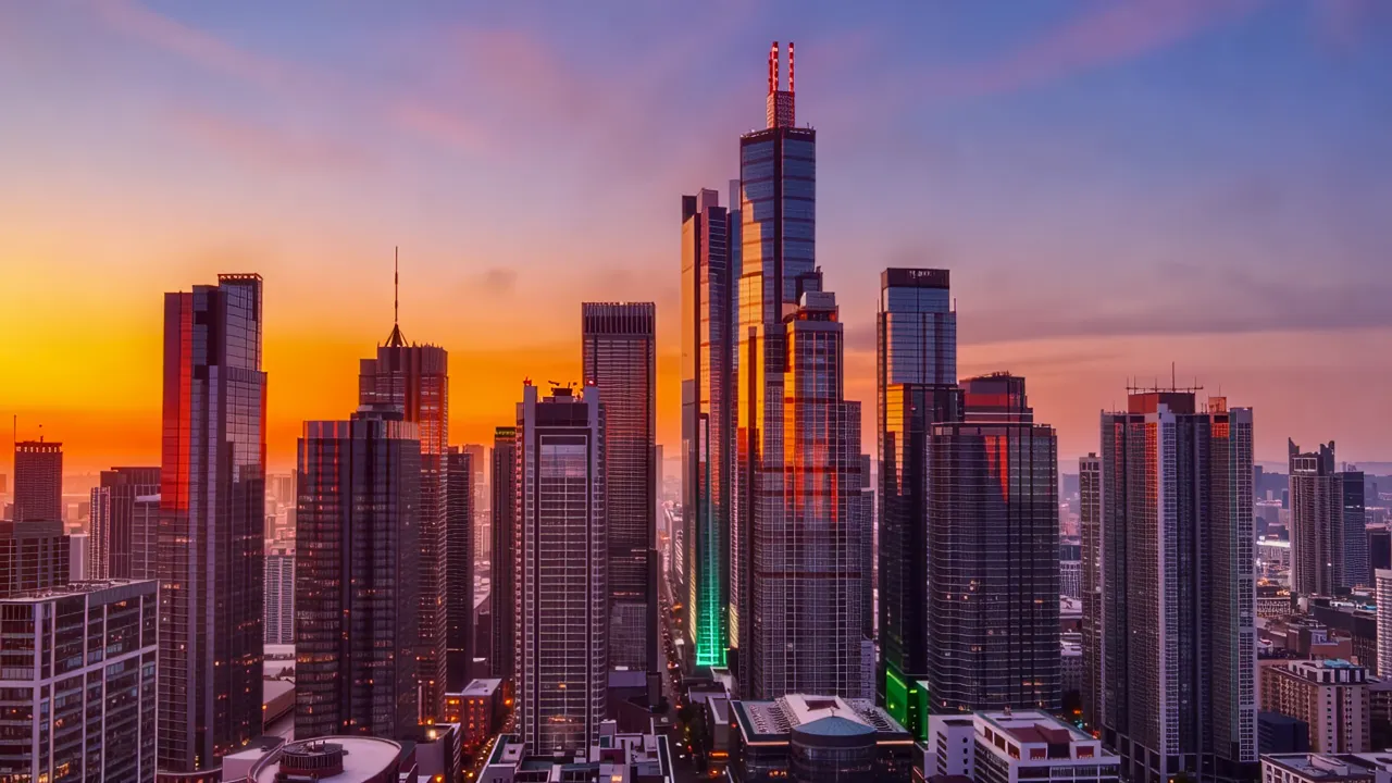 Wide Shot of Urban Skyline with Glass Skyscrapers