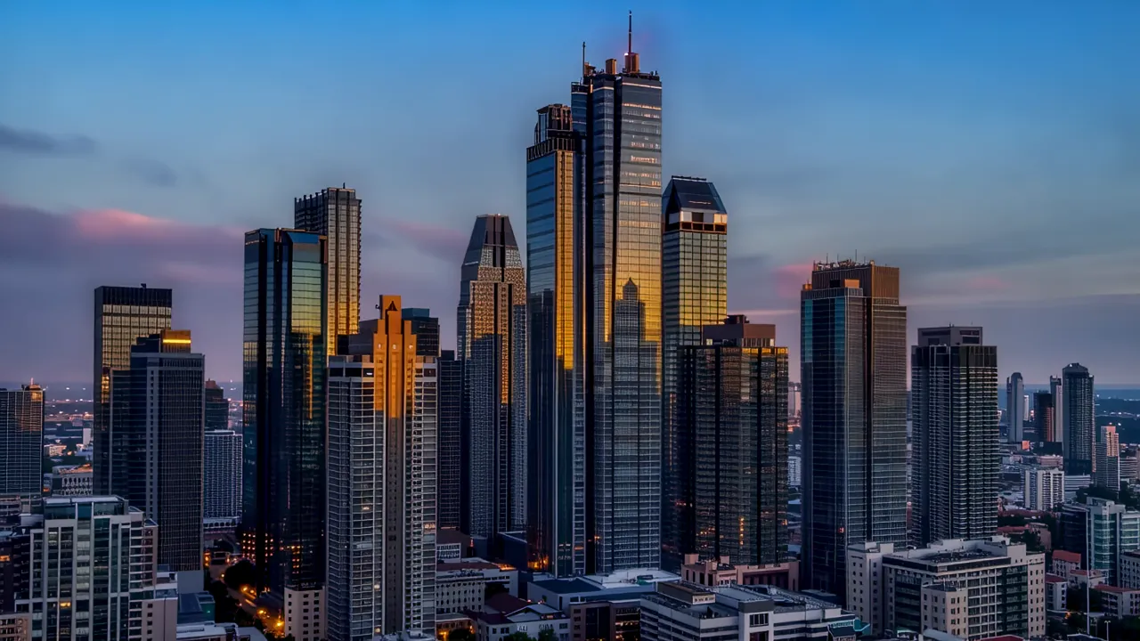 Wide Shot of Urban Skyline with Glass Skyscrapers