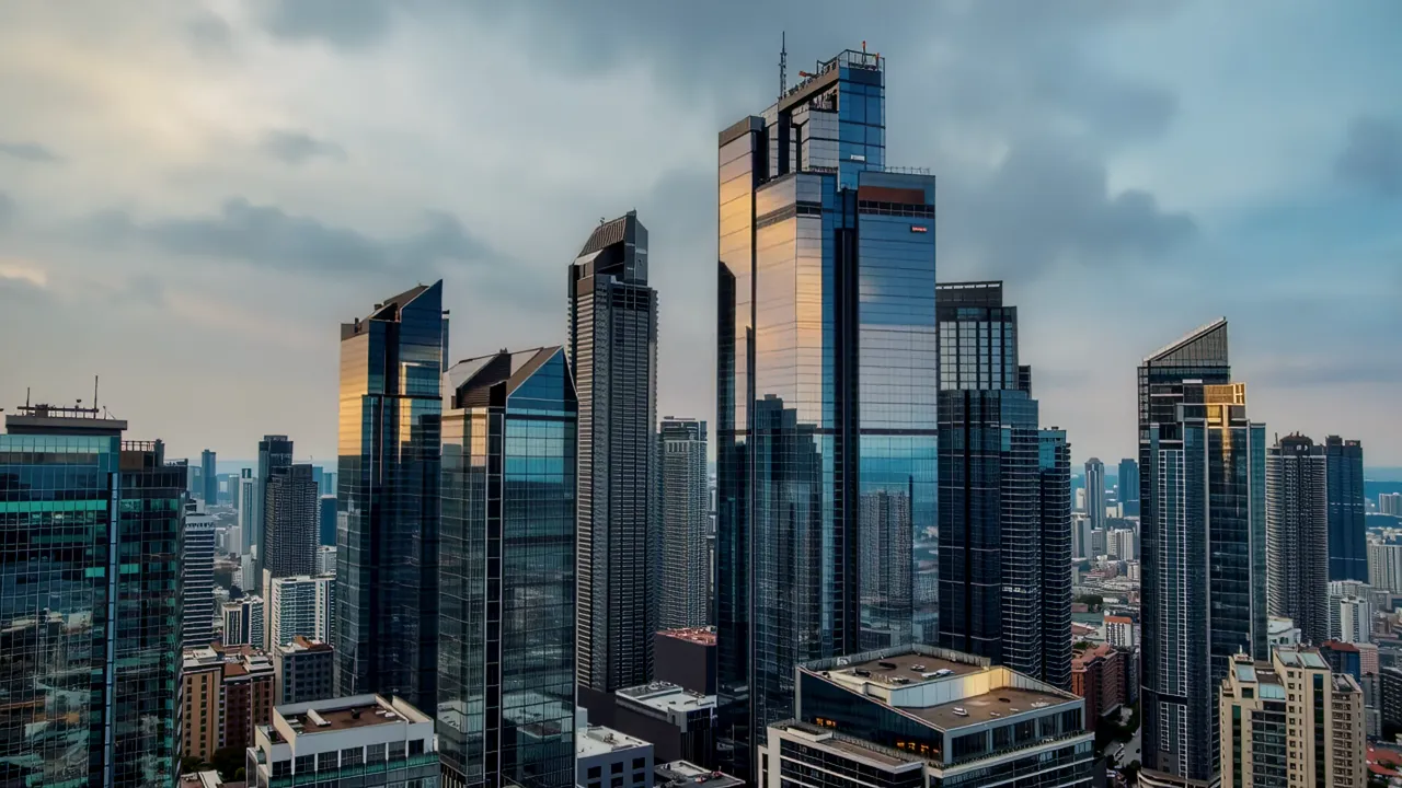 Wide Shot of Urban Skyline with Glass Skyscrapers