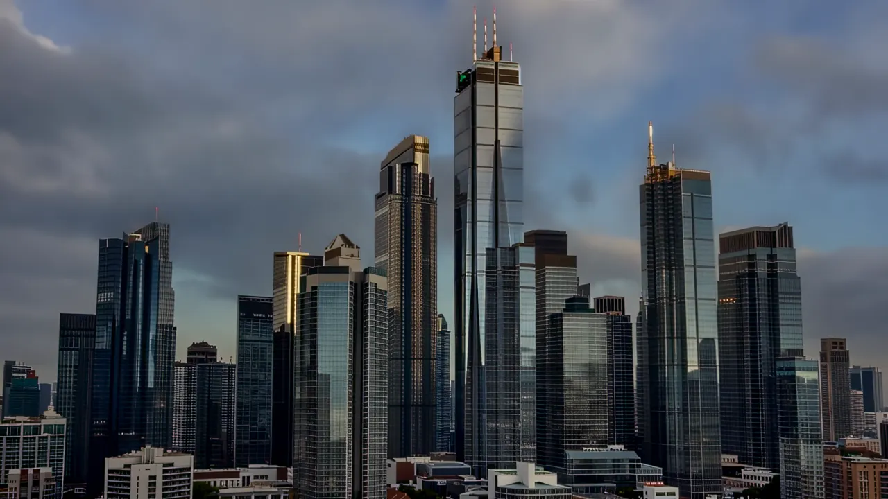 Wide Shot of Urban Skyline with Glass Skyscrapers