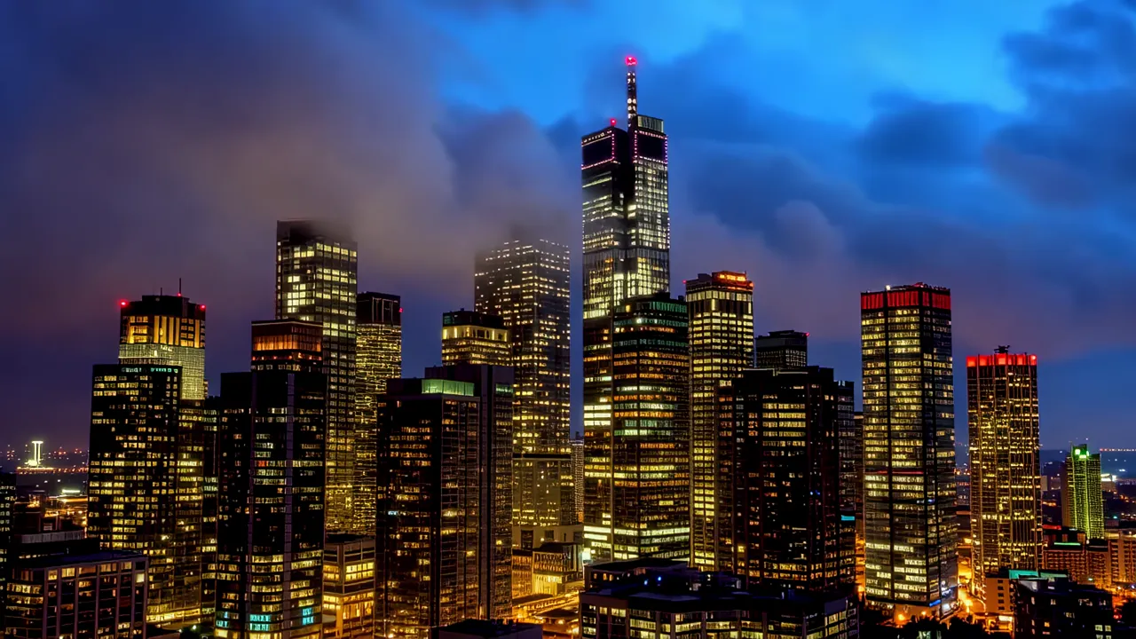 Wide Shot of Urban Skyline with Reflections in Glass