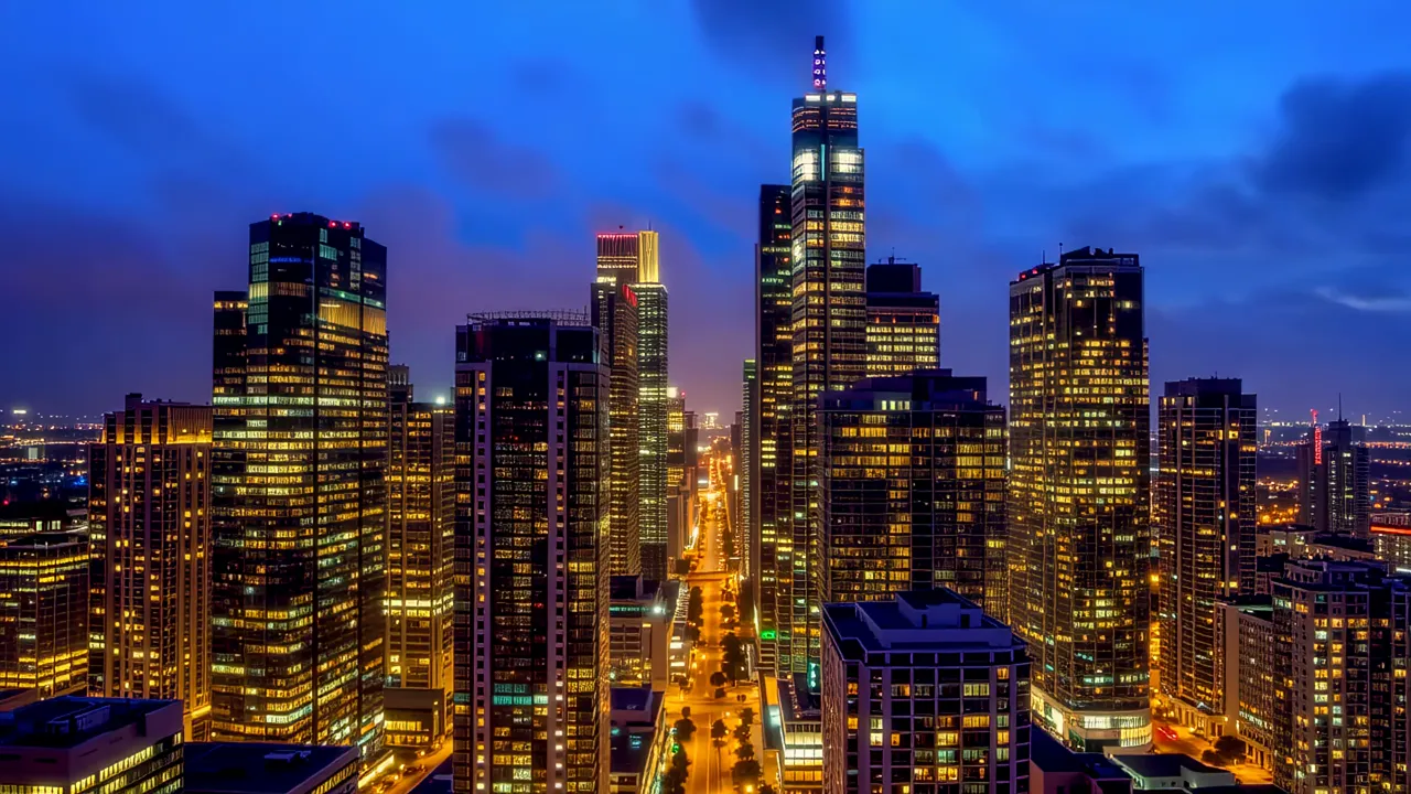 Wide Shot of Urban Skyline with Reflective Glass Skyscrapers